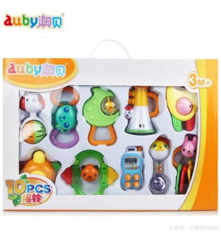 澳贝auby 婴儿玩具婴幼儿10只盒装牙胶摇铃玩具宝宝手摇铃玩具